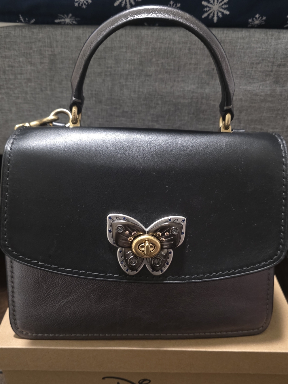 Coach Black Leather Top-Handle Satchel with Gold & Silver Butterfly Turnlock